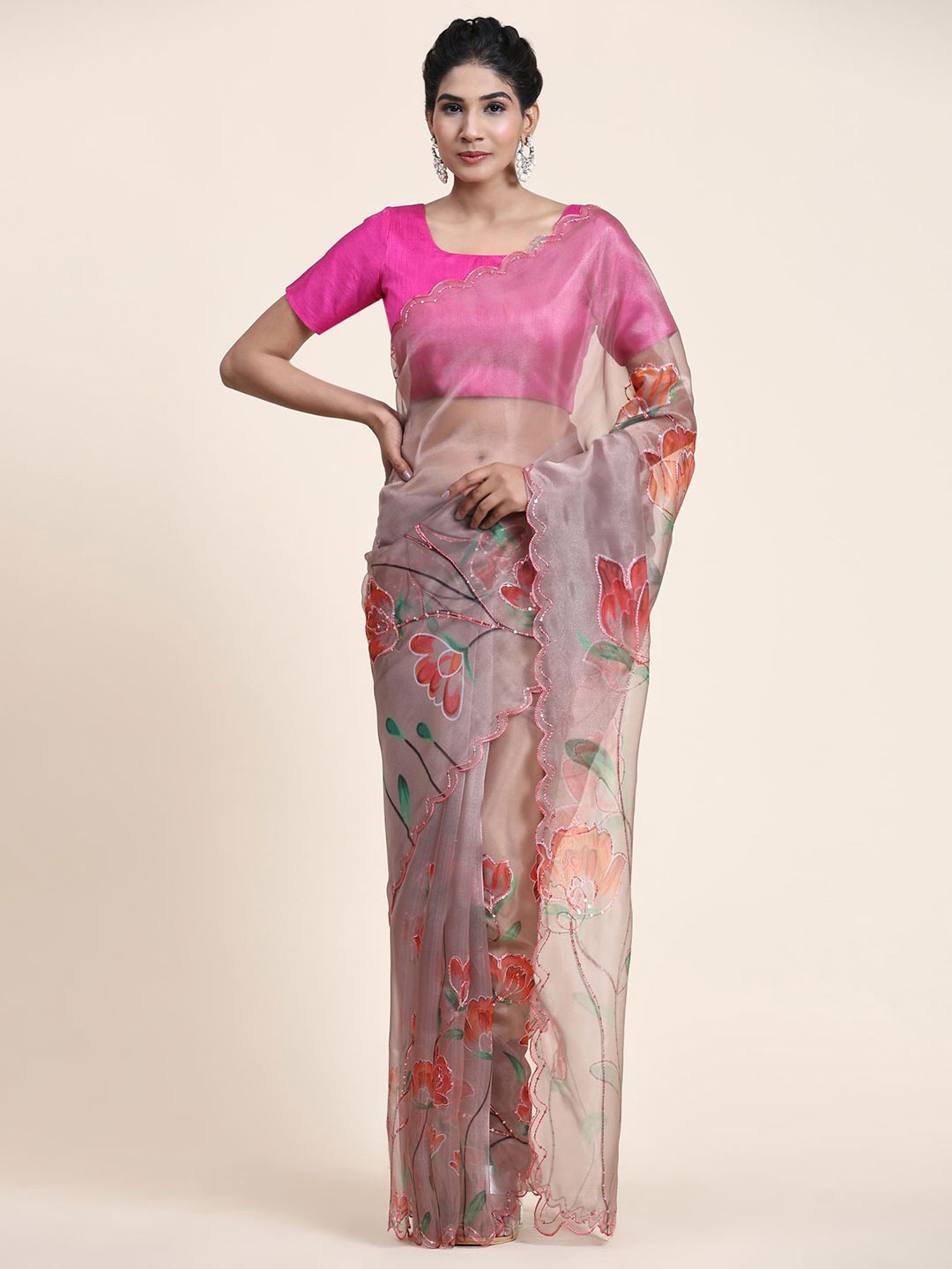 

Vastrasky Global Floral Sequinned Organza Saree, Grey