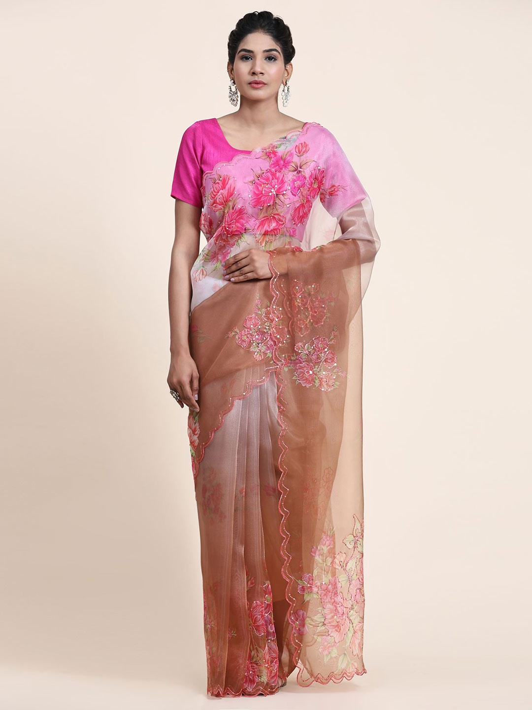 

Vastrasky Global Floral Printed Sequinned Organza Saree, Brown