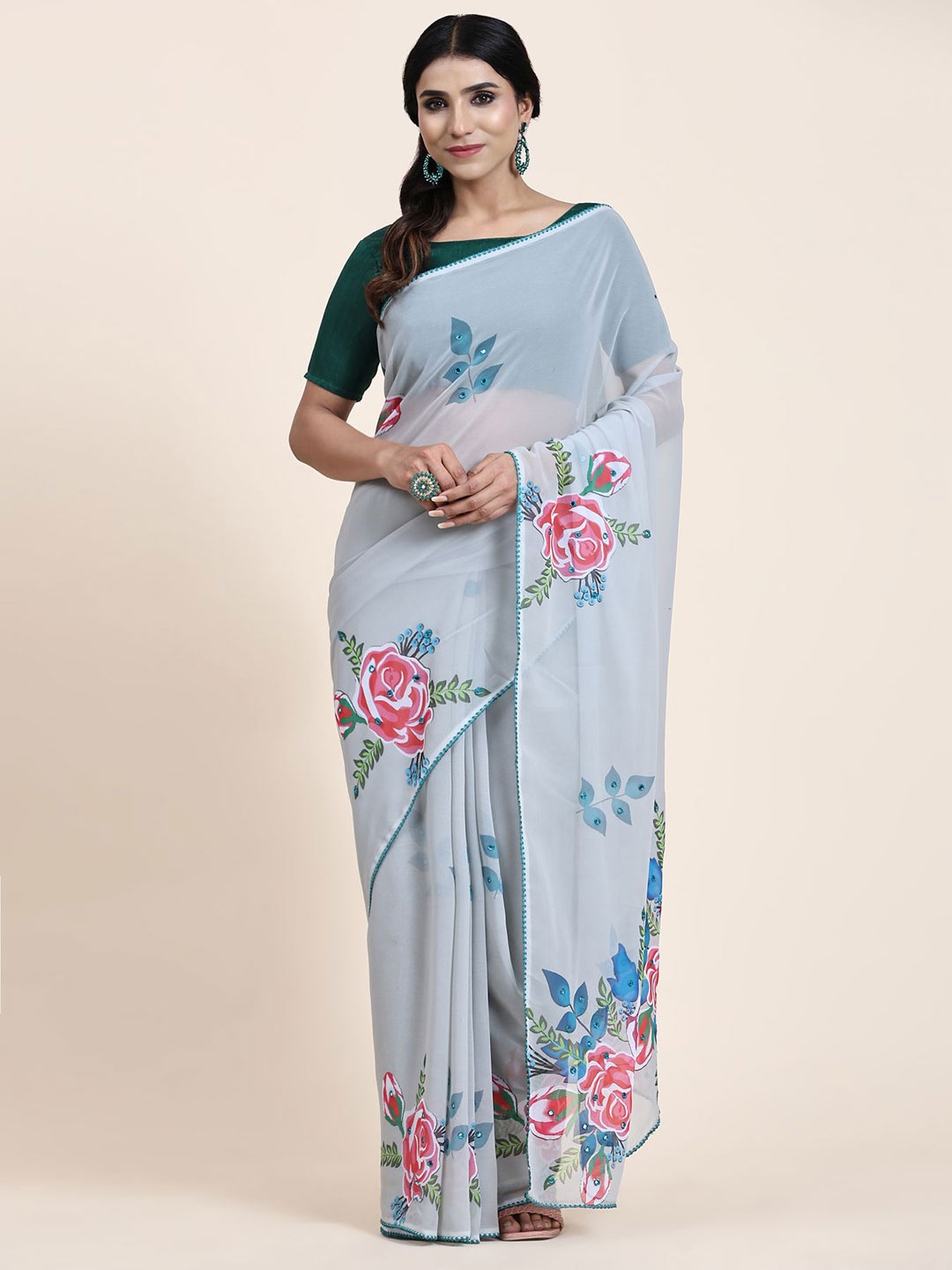

Vastrasky Global Floral Printed Pure Georgette Saree, White
