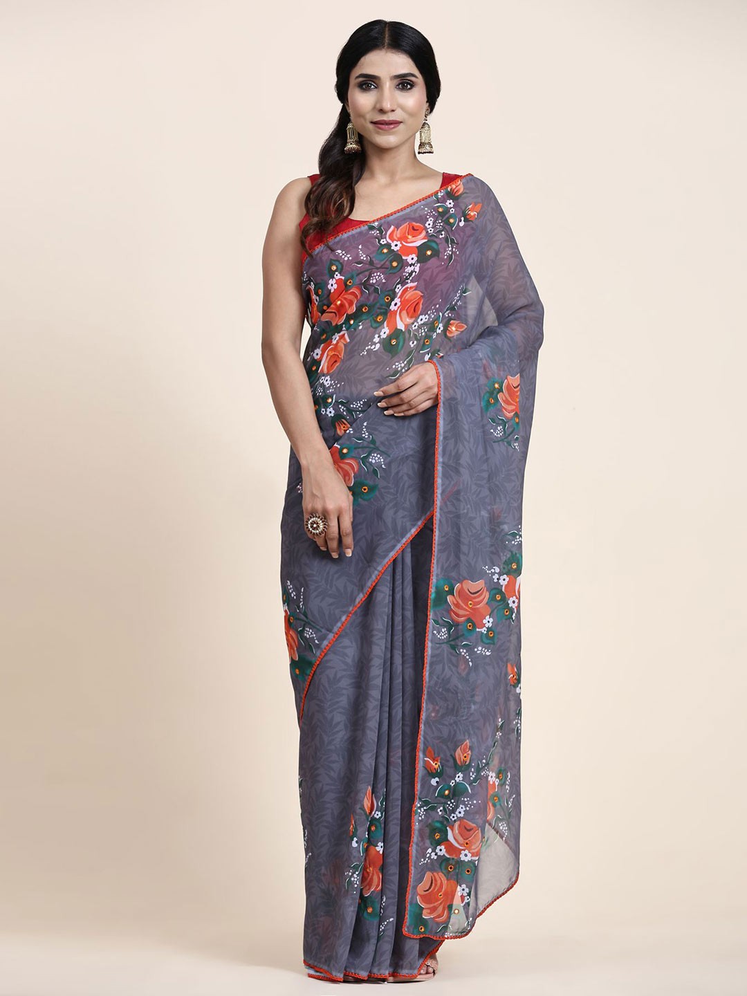 

Vastrasky Global Floral Printed Pure Georgette Saree, Grey