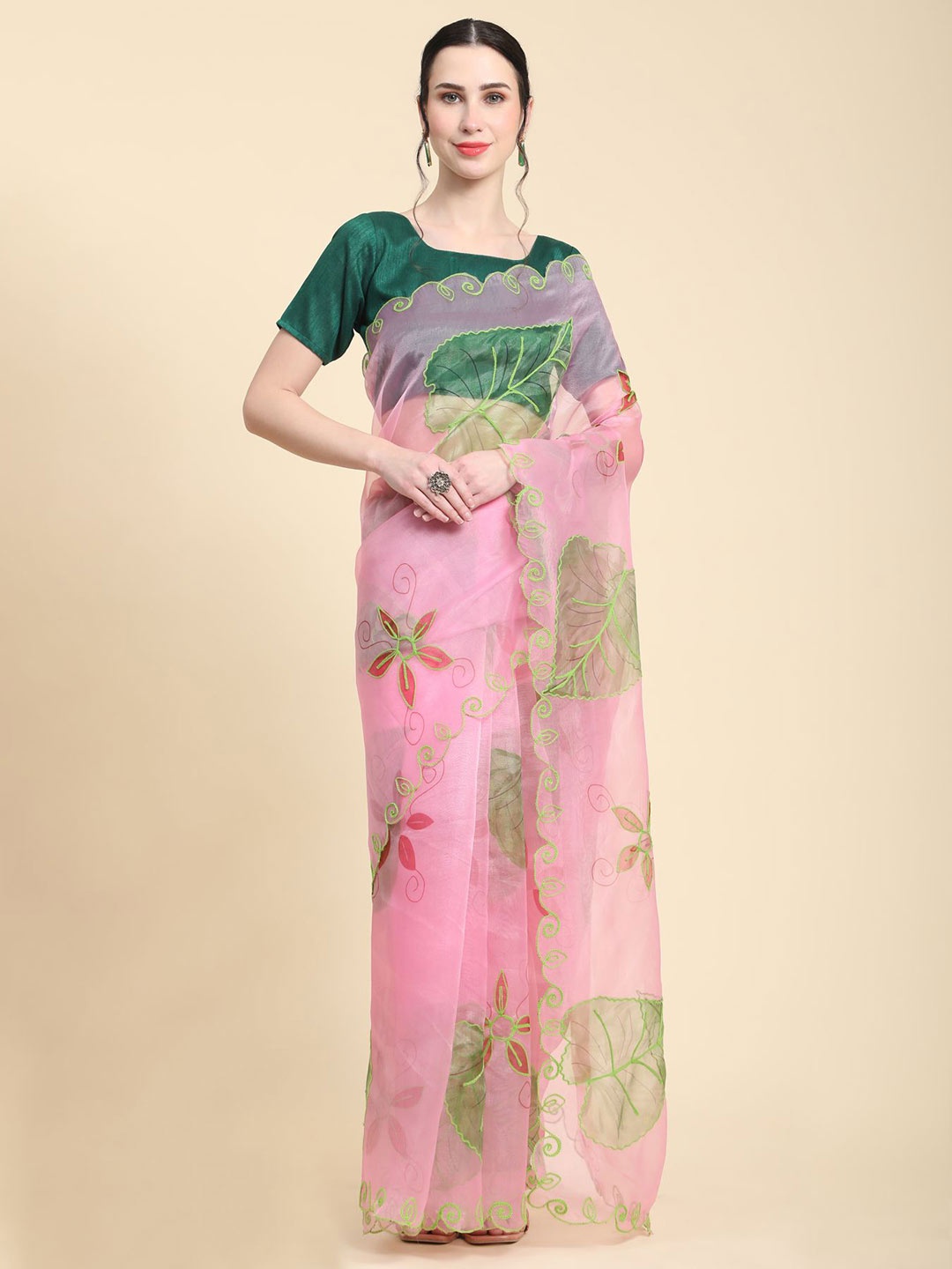 

Vastrasky Global Floral Printed Embroidered Organza Saree, Pink