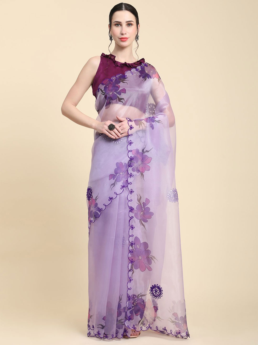 

Vastrasky Global Floral Embroidered Organza Saree, Lavender