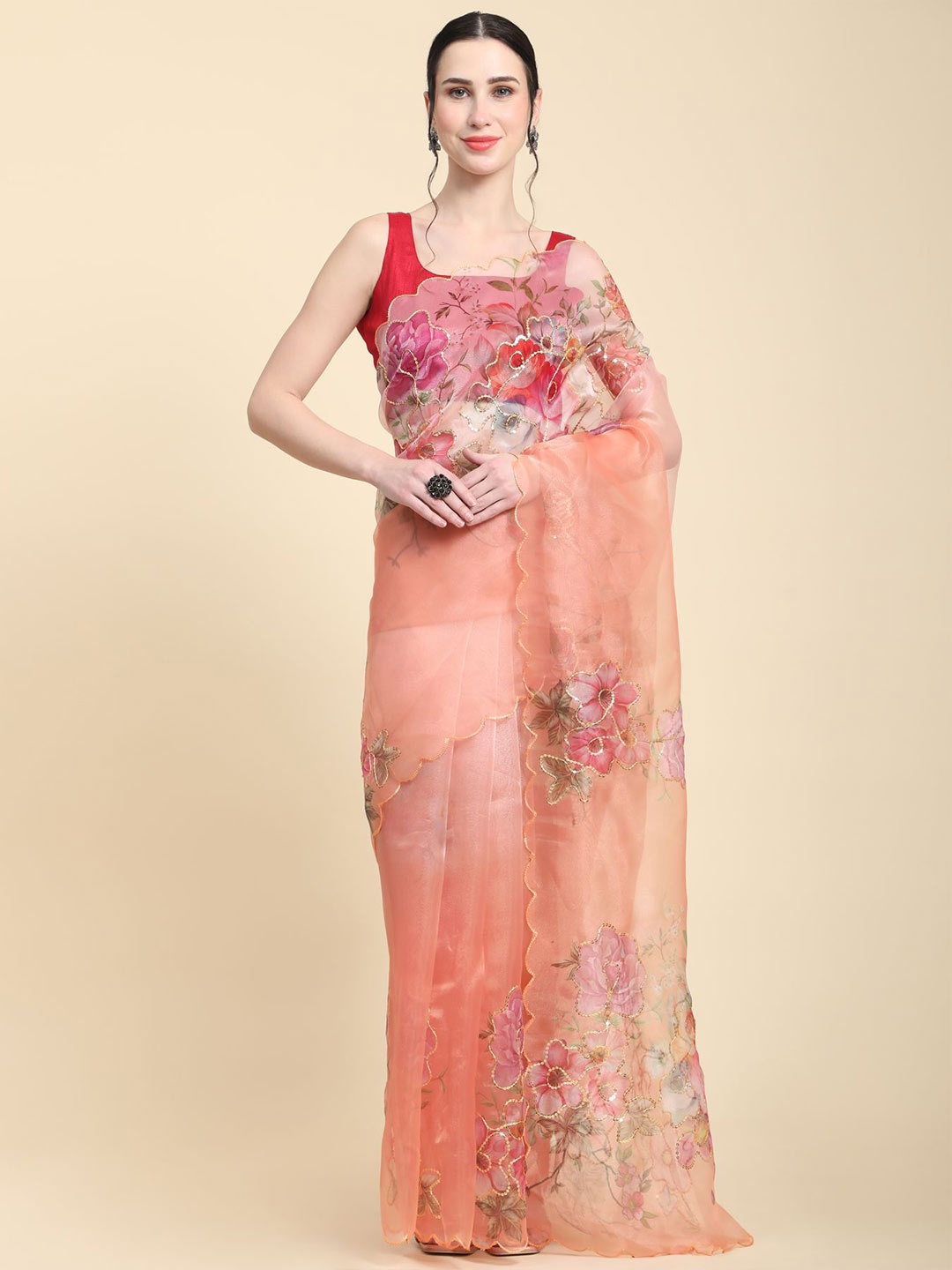 

Vastrasky Global Floral Embellished Organza Saree, Peach