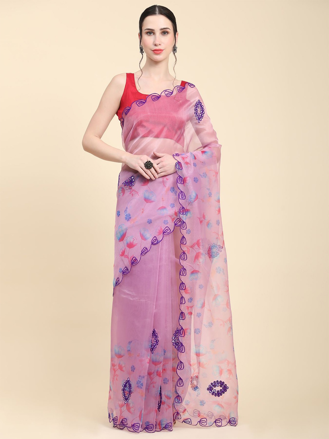 

Vastrasky Global Floral Embroidered Organza Saree, Lavender