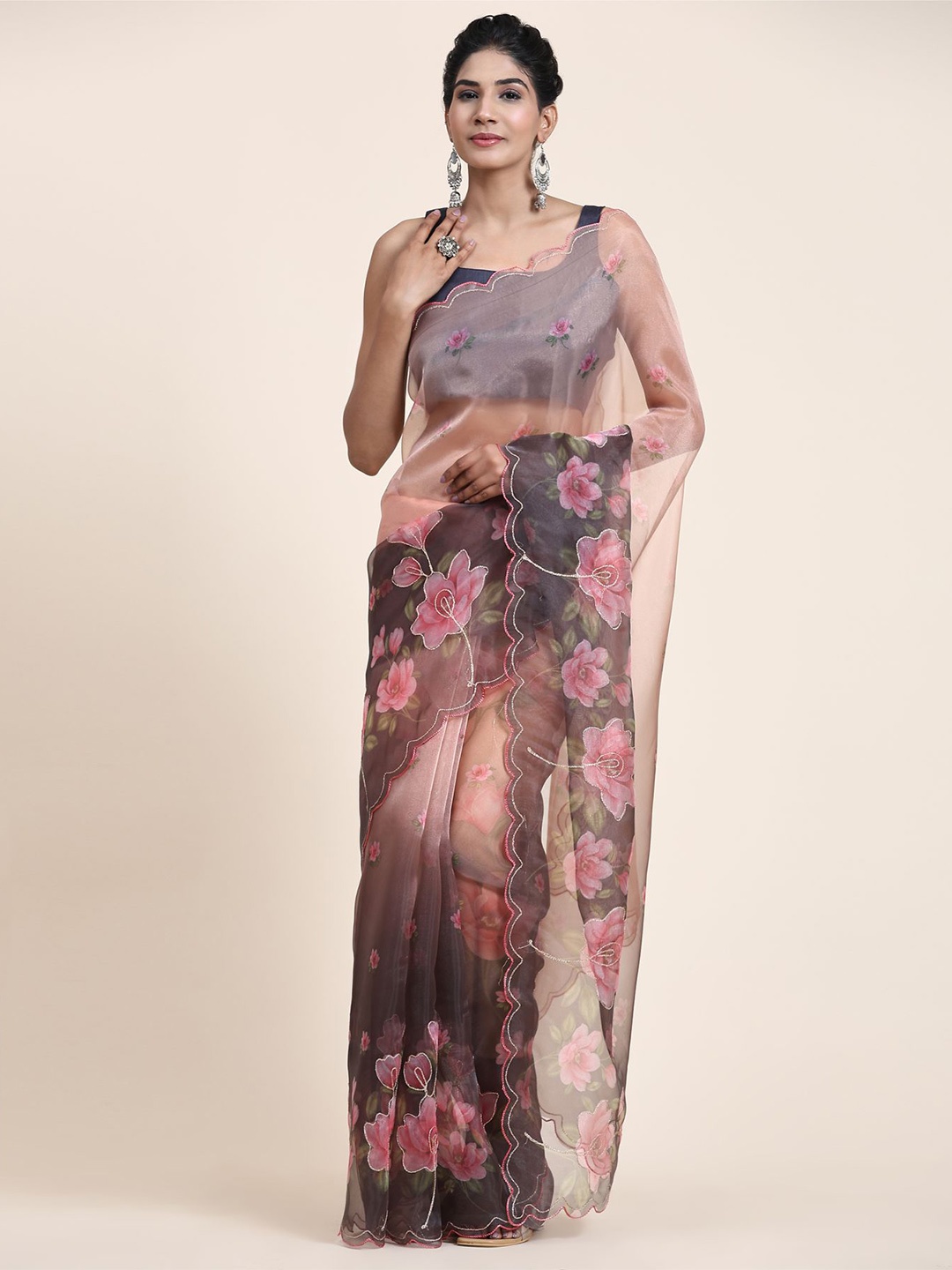 

Vastrasky Global Embroidered Floral Organza Saree, Black