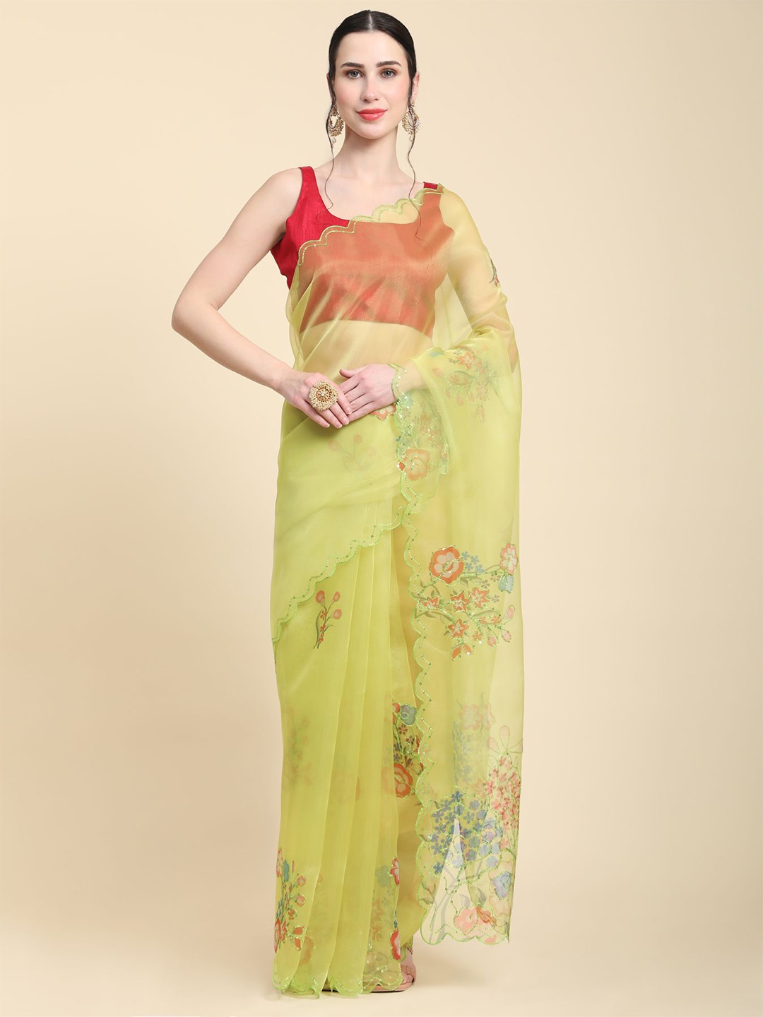 

Vastrasky Global Embellished Floral Organza Saree, Yellow