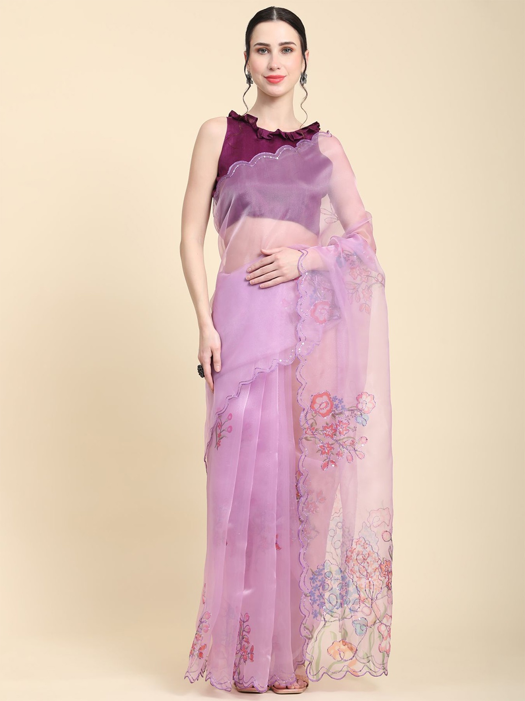 

Vastrasky Global Embellished Floral Organza Saree, Lavender