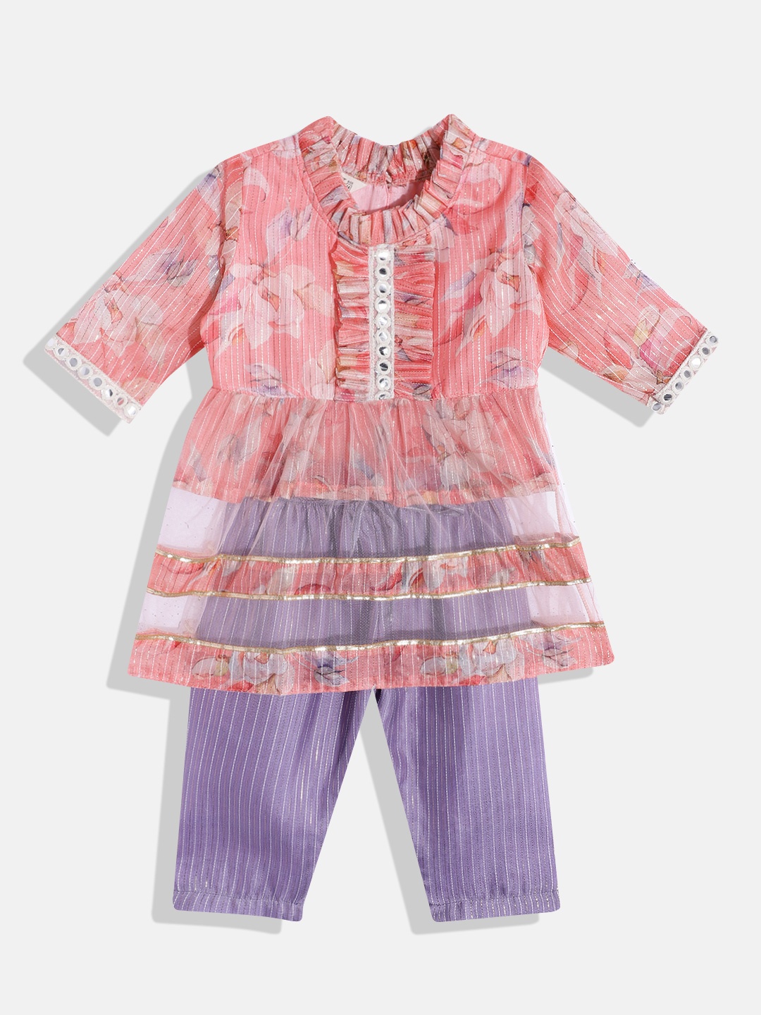 

Readiprint Fashions Girls Floral Printed Empire Gotta Patti Kurti with Pyjamas, Pink