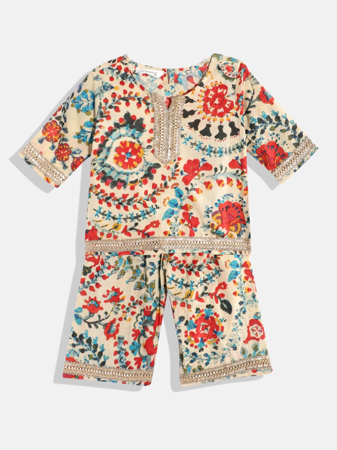 

Readiprint Girls Floral Printed Gotta Patti Pure Cotton Kurti With Palazzos, Beige