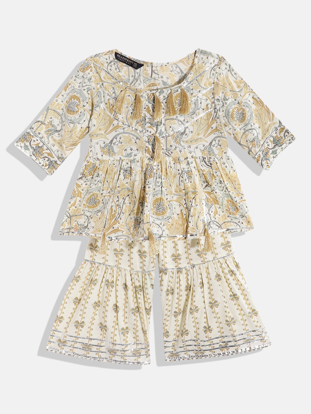 

Readiprint Fashions Girls Floral Printed Empire Gotta Patti Pure Cotton Kurti With Sharara, Beige
