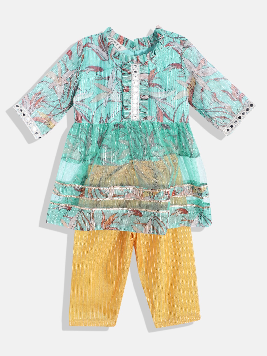 

Readiprint Fashions Girls Printed Empire Gotta Patti Organza Kurta With Trousers, Sea green