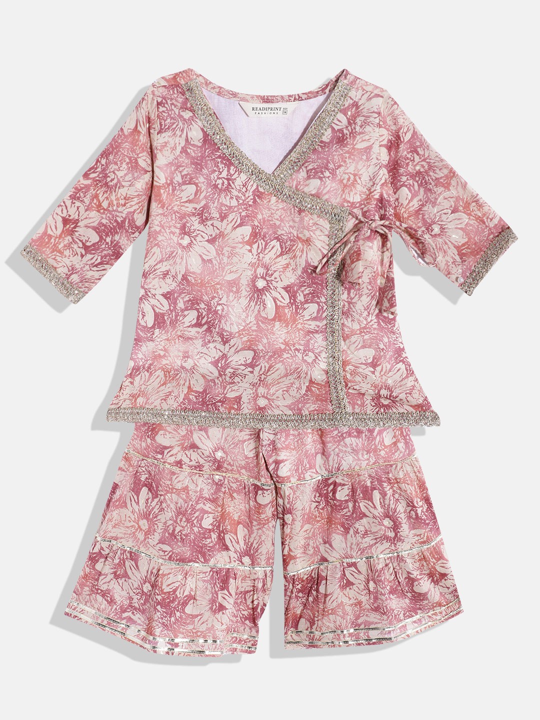 

Readiprint Fashions Girls Floral Angrakha Gotta Patti Pure Cotton Kurti With Sharara, Mauve