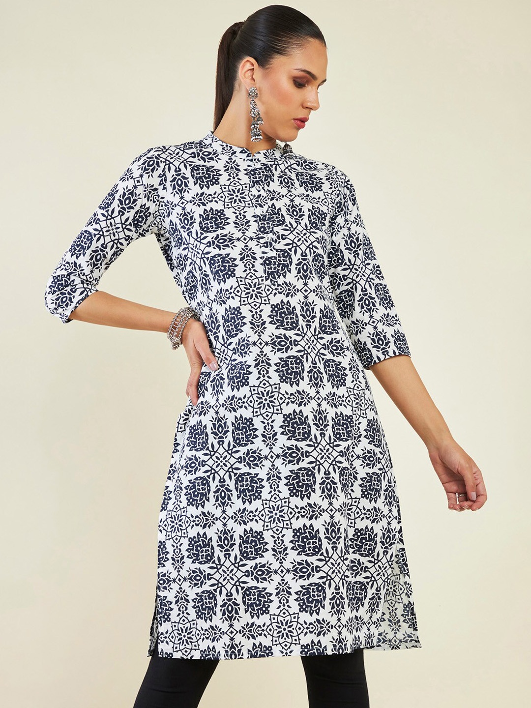 

Soch Ethnic Motifs Printed Mandarin Collar Straight Cotton Kurta, White