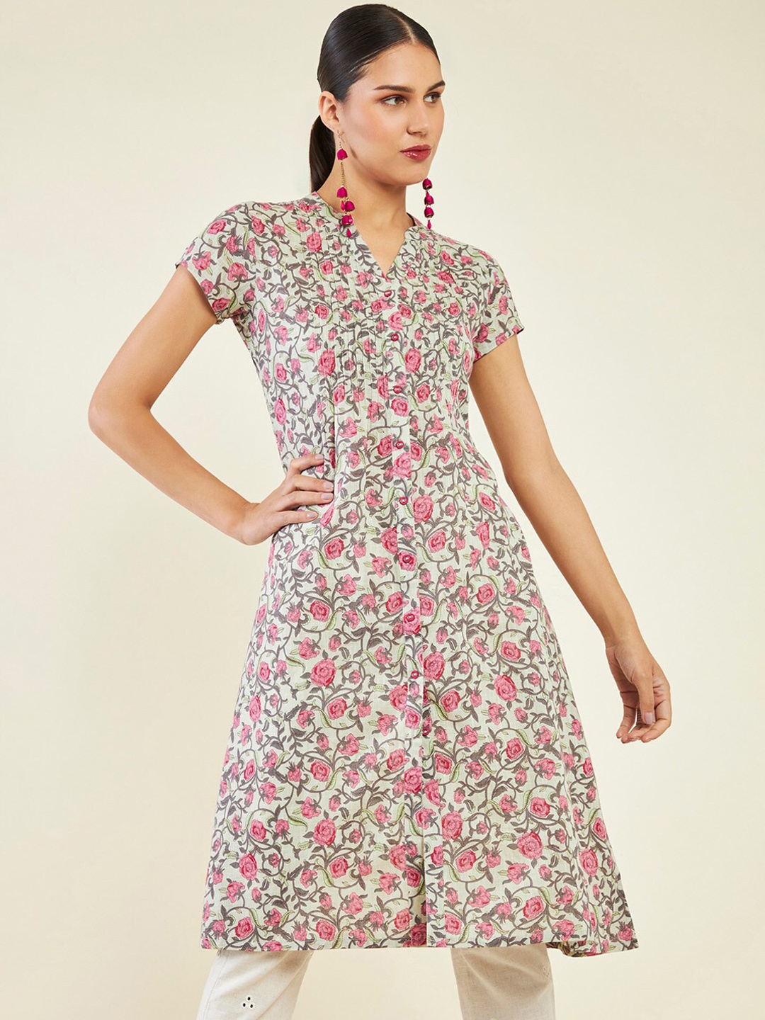 

Soch Floral Printed Band Collar Pure Cotton Kurta, Green