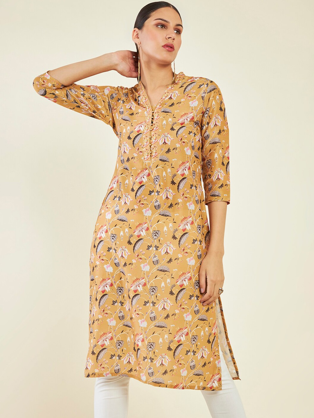 

Soch Floral Printed Mandarin Collar Crepe Kurta, Mustard