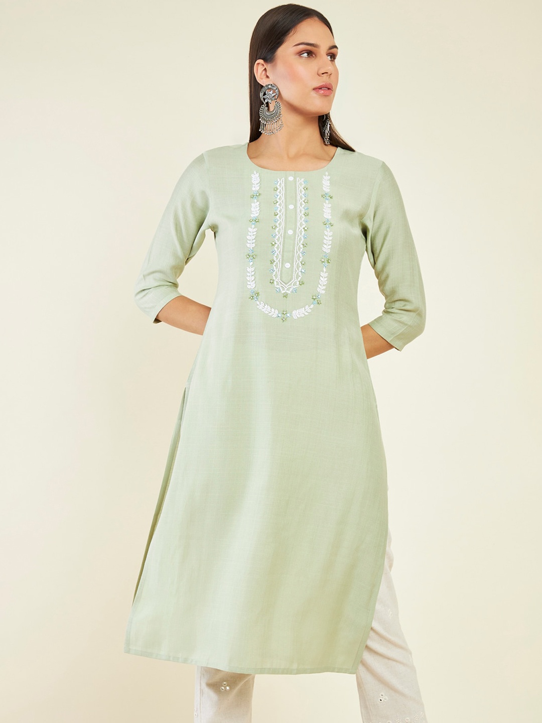 

Soch Round Neck Beads and Stones Straight Kurta, Green