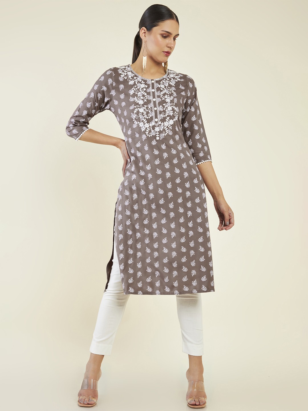 

Soch Floral Yoke Design Thread Work Kurta, Brown