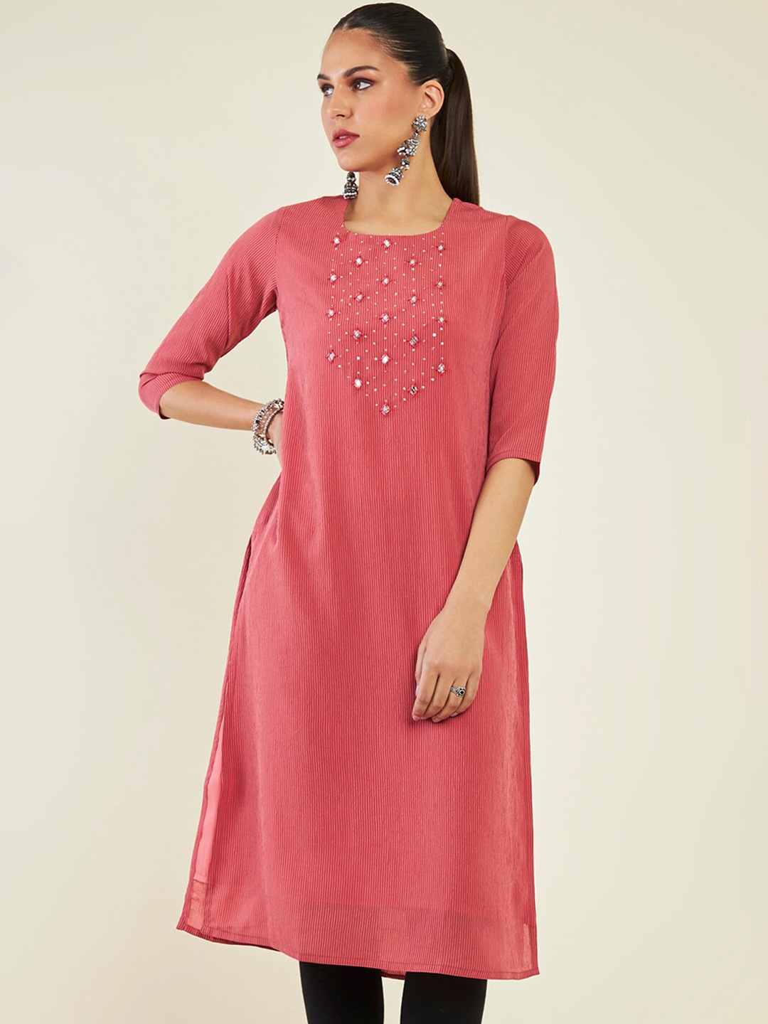

Soch Embroidered Sequined Kurta, Coral