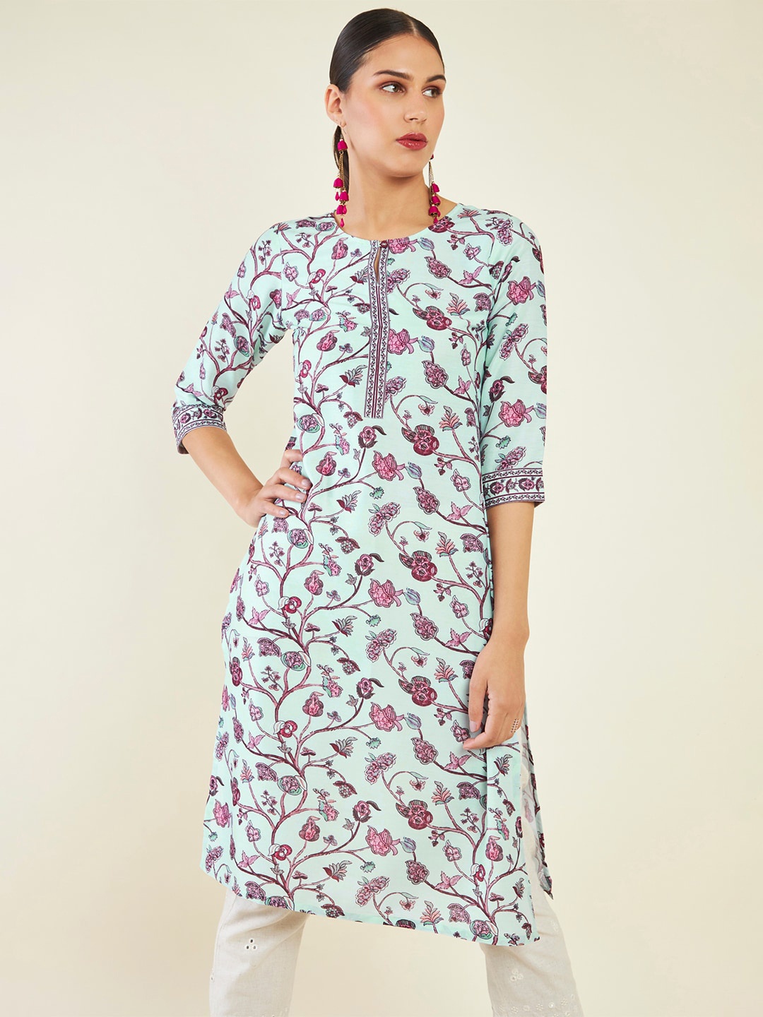 

Soch Floral Printed Straight Crepe Kurta, Blue