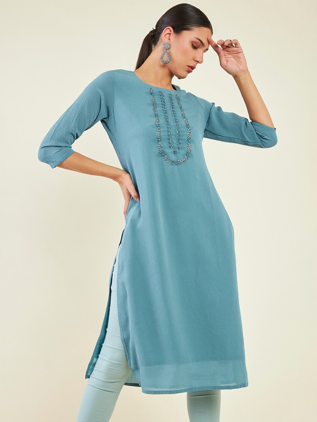 

Soch Striped Thread Work Kurta, Blue