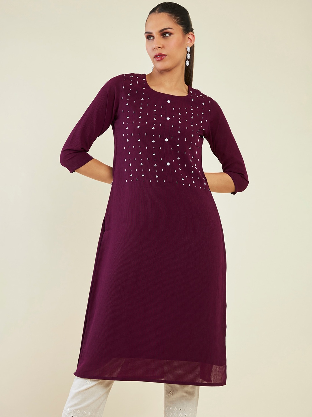 

Soch Striped Beads and Stones Straight Kurta, Purple