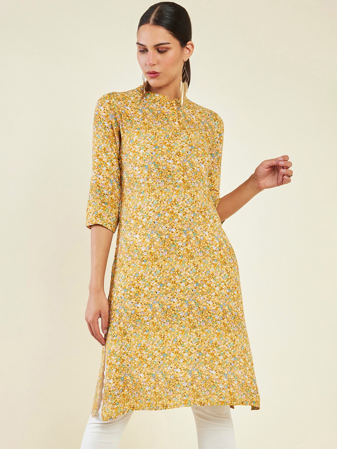 

Soch Floral Printed Mandarin Collar Kurta, Mustard