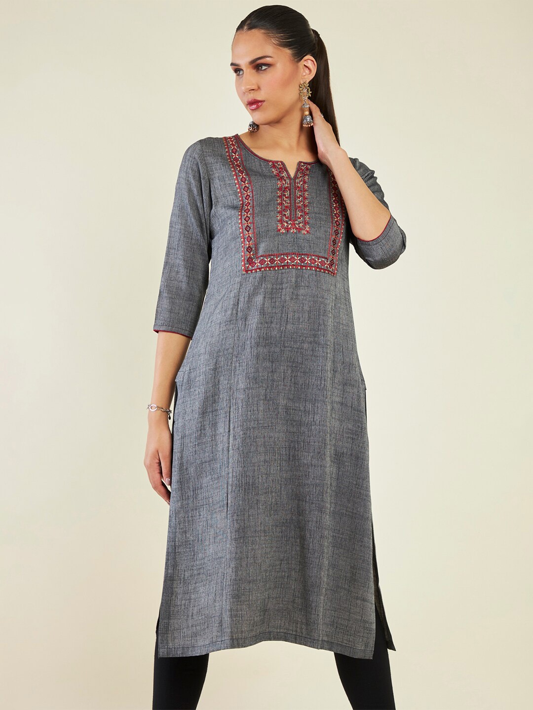 

Soch Geometric Embroidered Notched Neck Straight Kurta, Grey