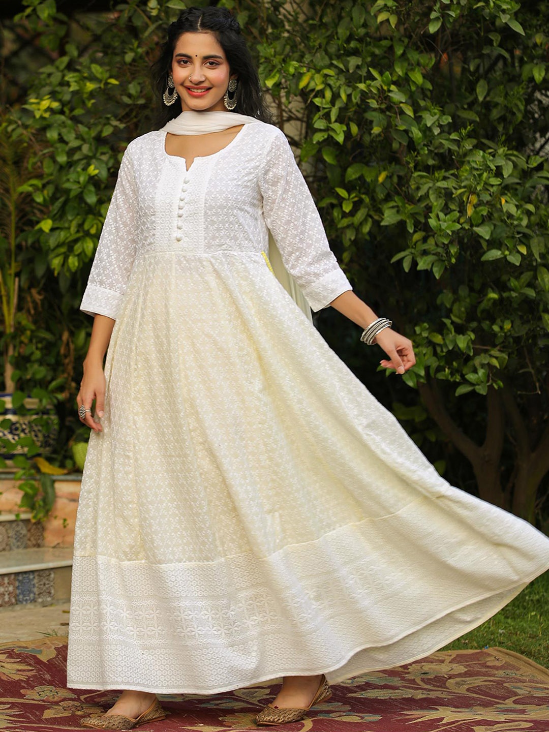 

SCAKHI Chikankari Embroidered Cotton Anarkali Ethnic Dress With Dupatta, White