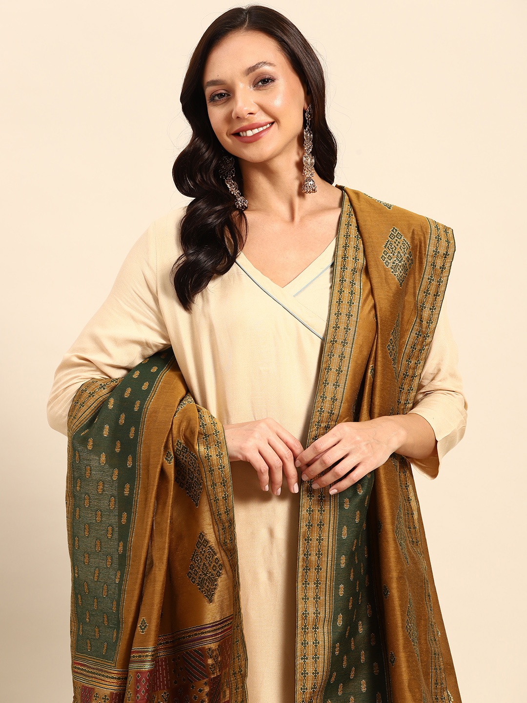 

Sangria Ethnic Motifs Jacquard Woven Design Dupatta With Kantha Work, Mustard