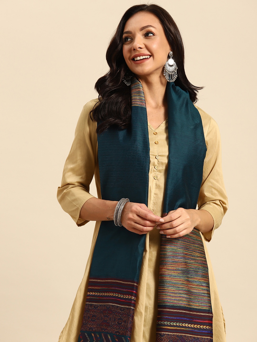 

Sangria Woven Design Dupatta With Kantha Work, Teal