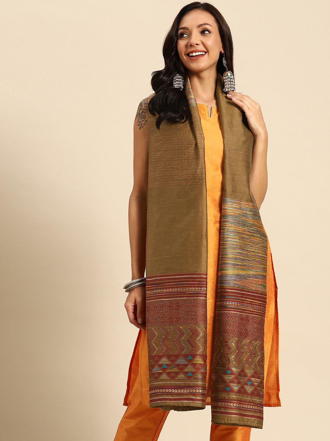 

Sangria Woven Design Dupatta With Kantha Work, Beige