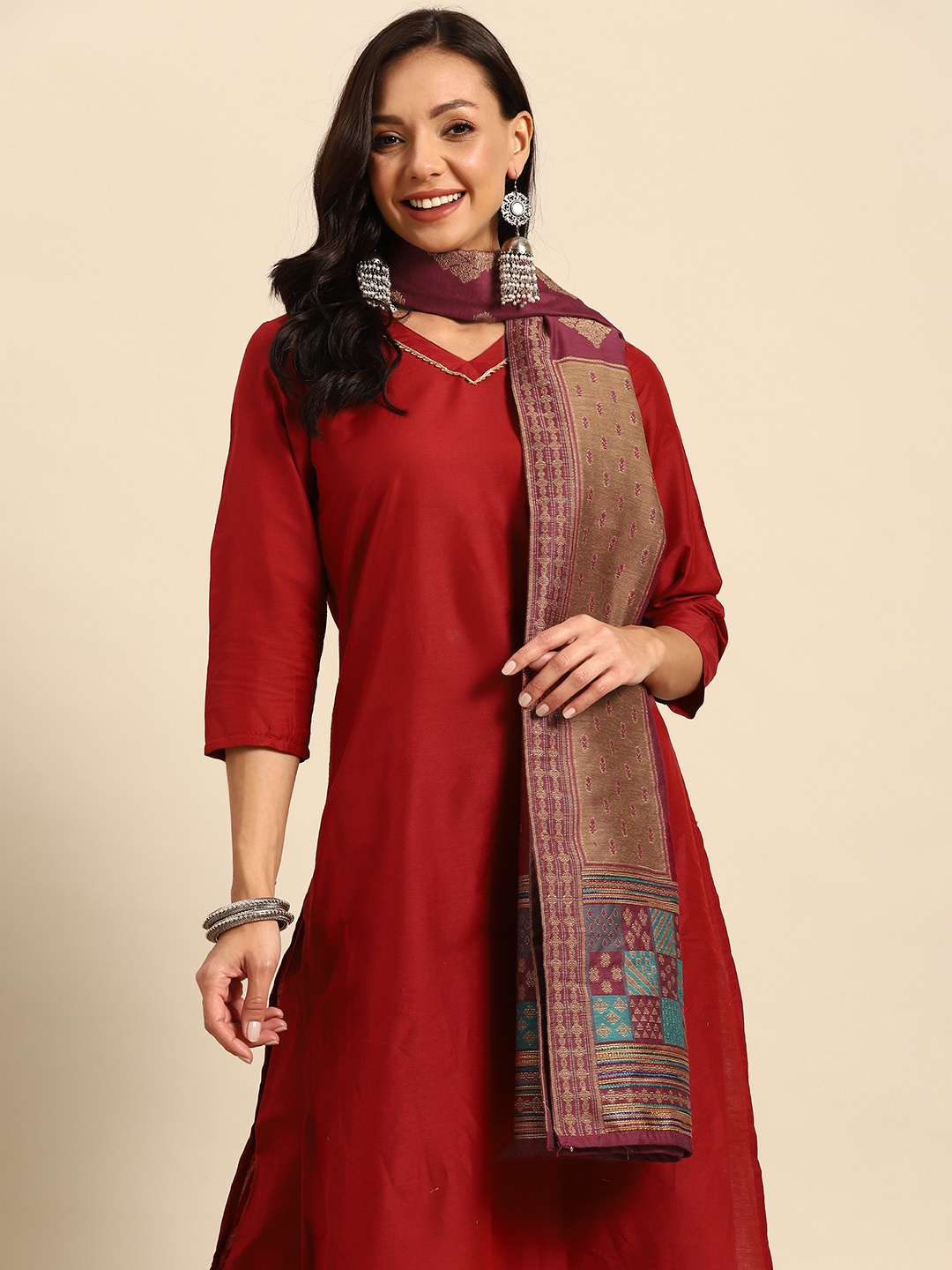 

Sangria Ethnic Motifs Woven Design Dupatta With Kantha Work, Magenta