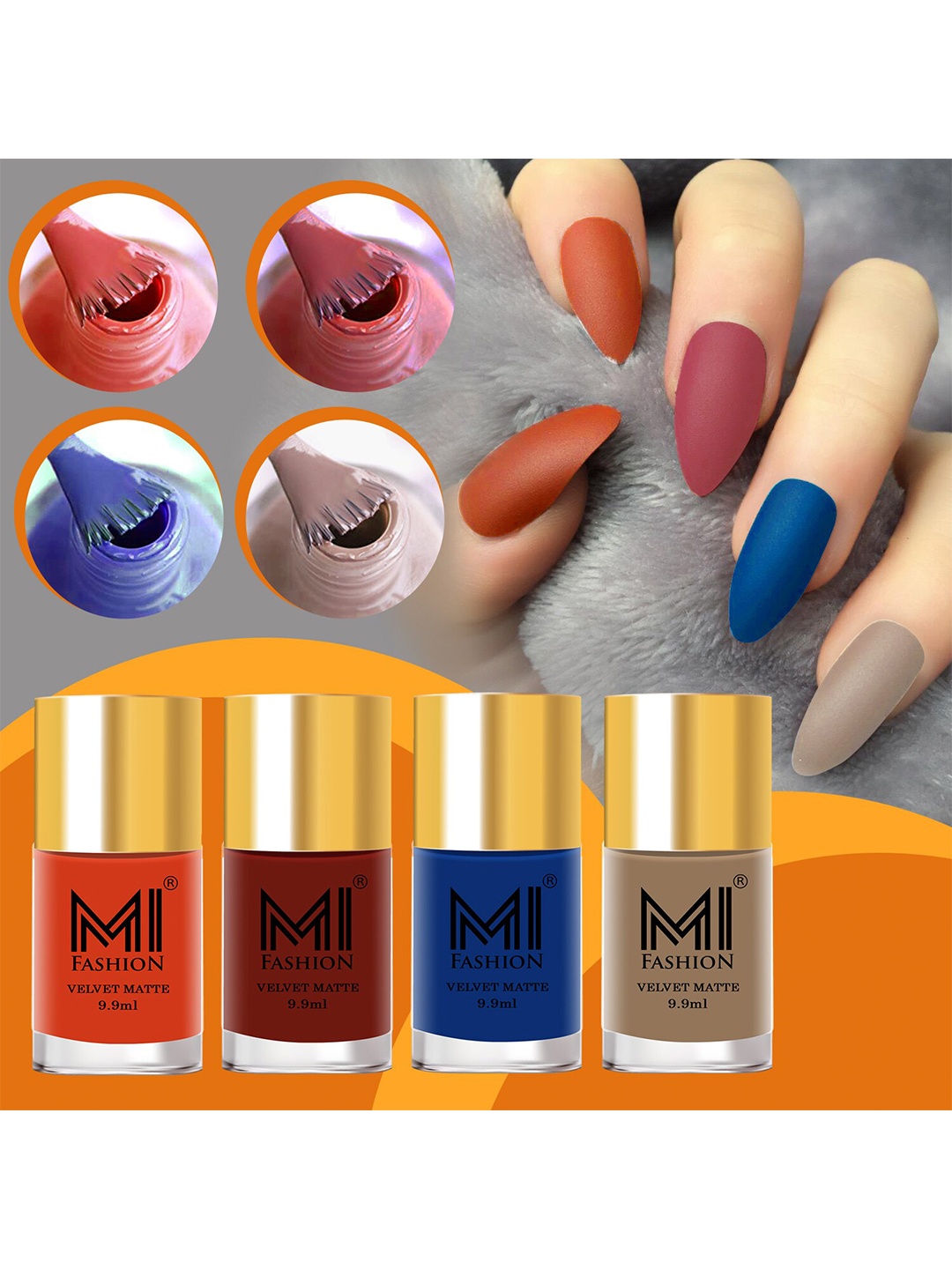 

MI FASHION Set Of 4 Velvet Matte Nail Polish - 9.9ml Each, Orange