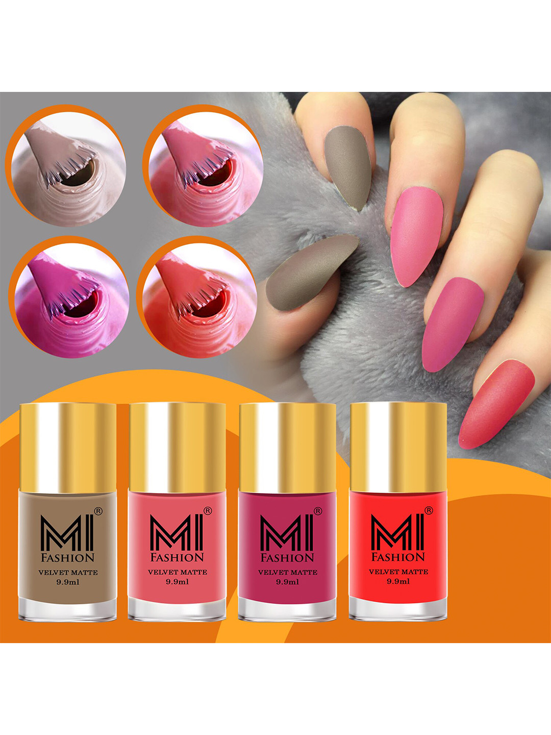 

MI FASHION Set Of 4 Velvet Matte Long Lasting Nail Polish - 9.9ml Each, Orange