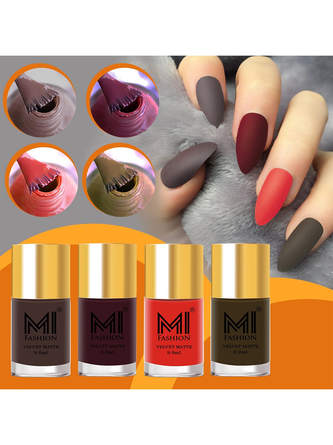 

MI FASHION Set Of 4 Velvet Matte Long Lasting Nail Polish- 9.9 ml Each, Orange