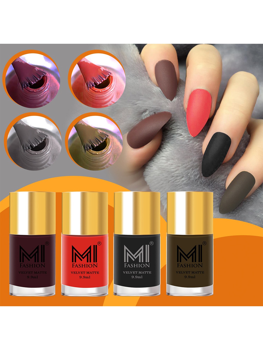 

MI FASHION Set Of 4 Velvet Matte Long Lasting Nail Polish- 9.9 ml Each, Orange
