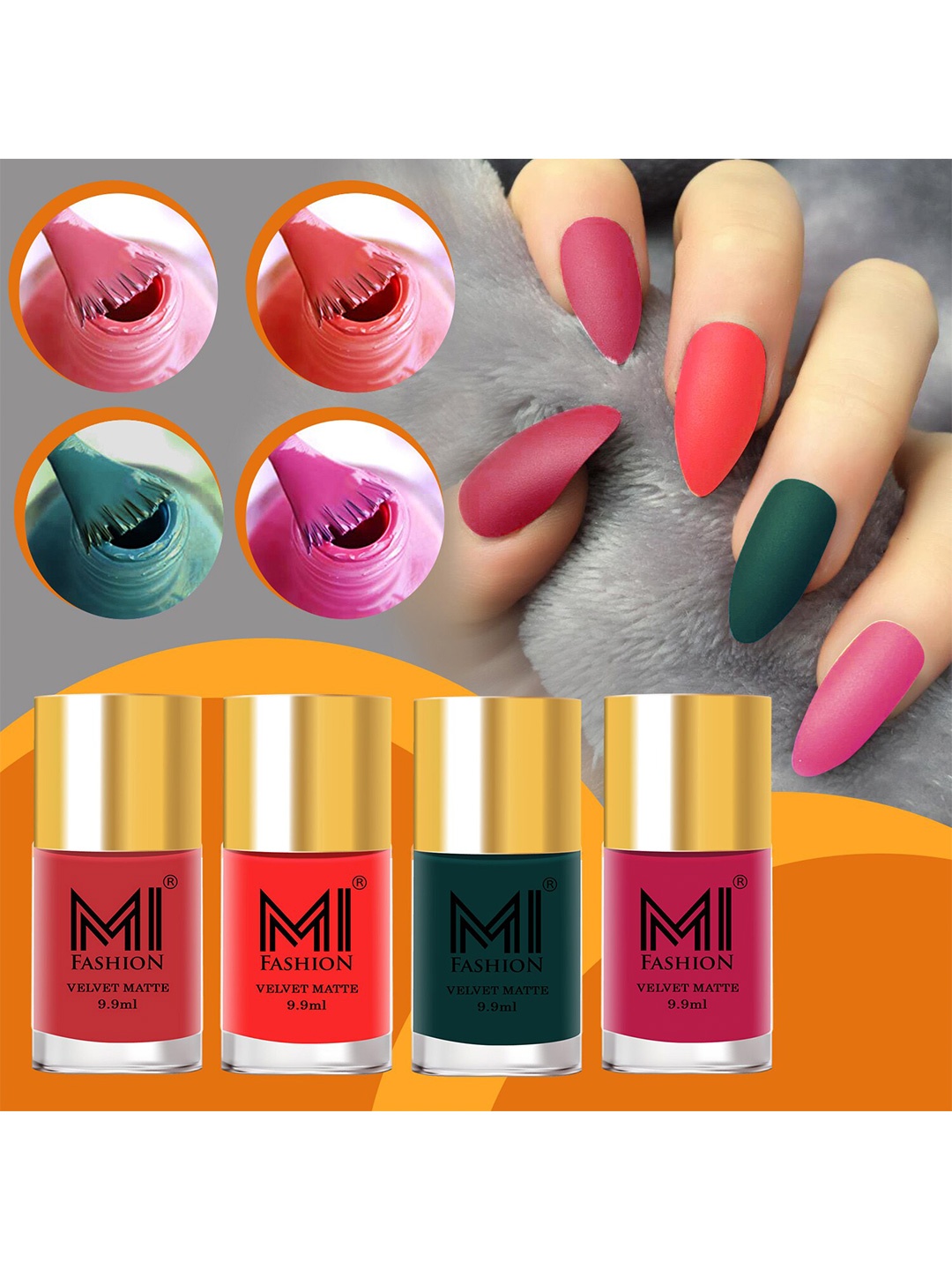 

MI FASHION Velvet Matte Set Of 4 Long Lasting Nail Polish, Orange