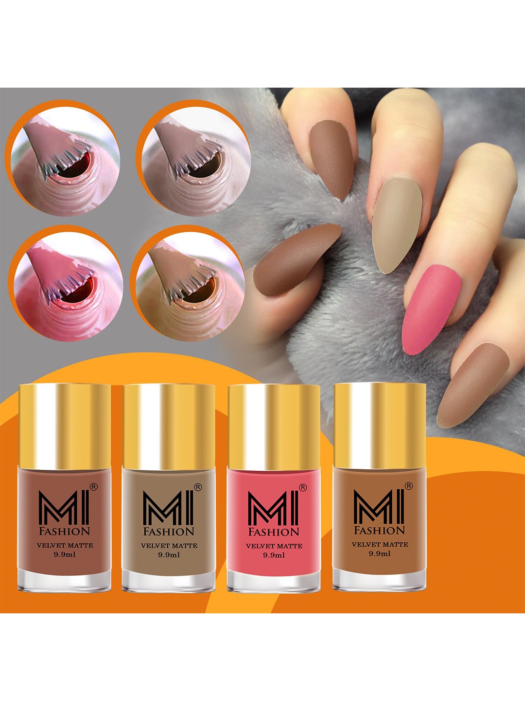 

MI FASHION Set of 4 Velvet Matte Nail Polish 9.9 ml Each - Nude 45 - Skin Nude 44 - Peach 43 - Nude 27, Multi