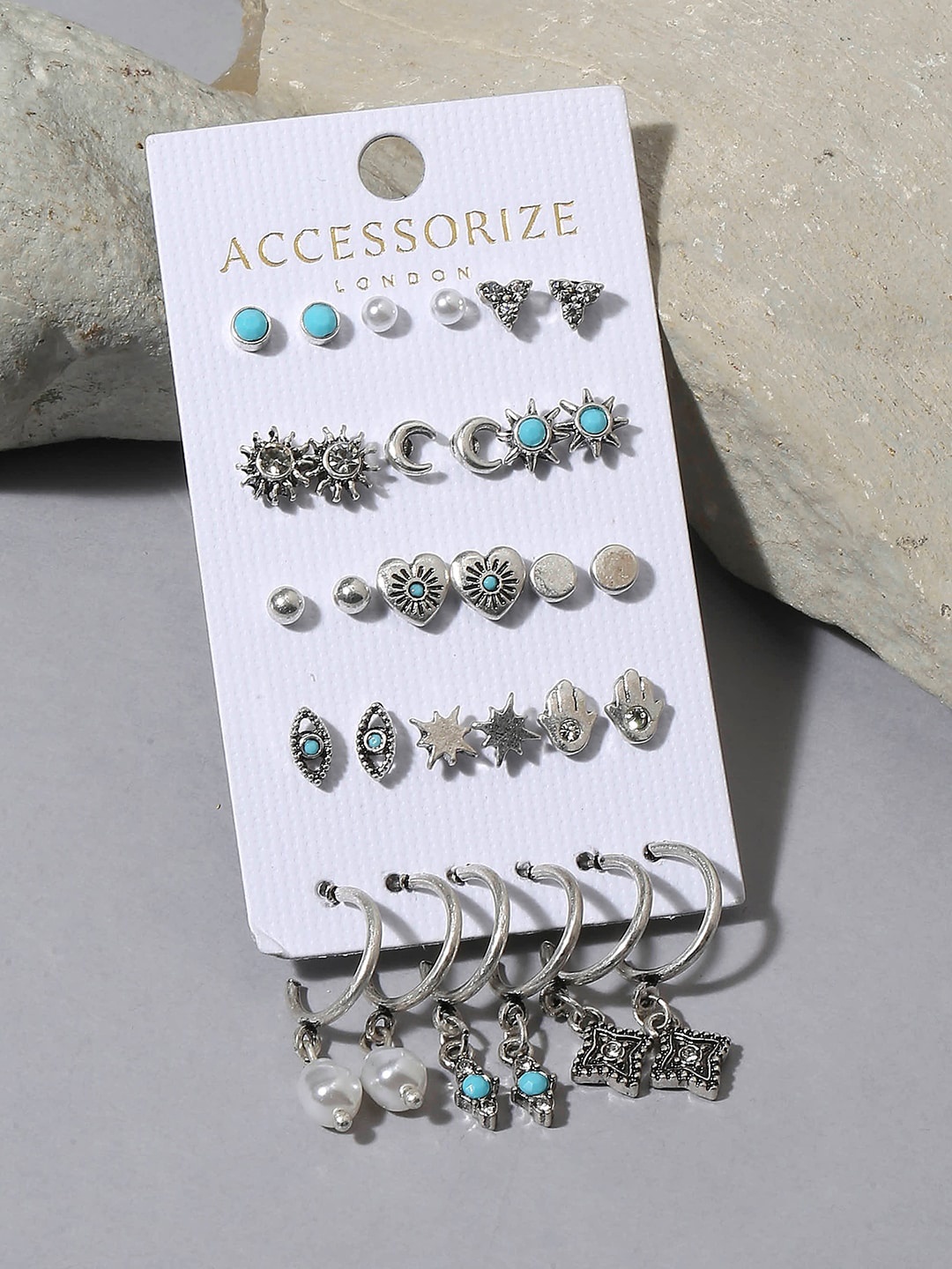 

Accessorize Set of 15 Silver-Plated Oxidized Classic Studs Earrings, Turquoise blue