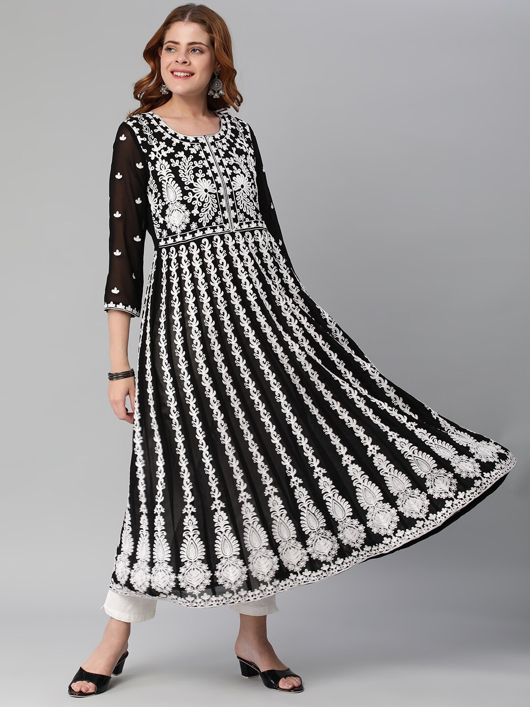 

KALINI Round Neck Floral Embroidered Chikankari Anarkali Georgette Kurta, Black