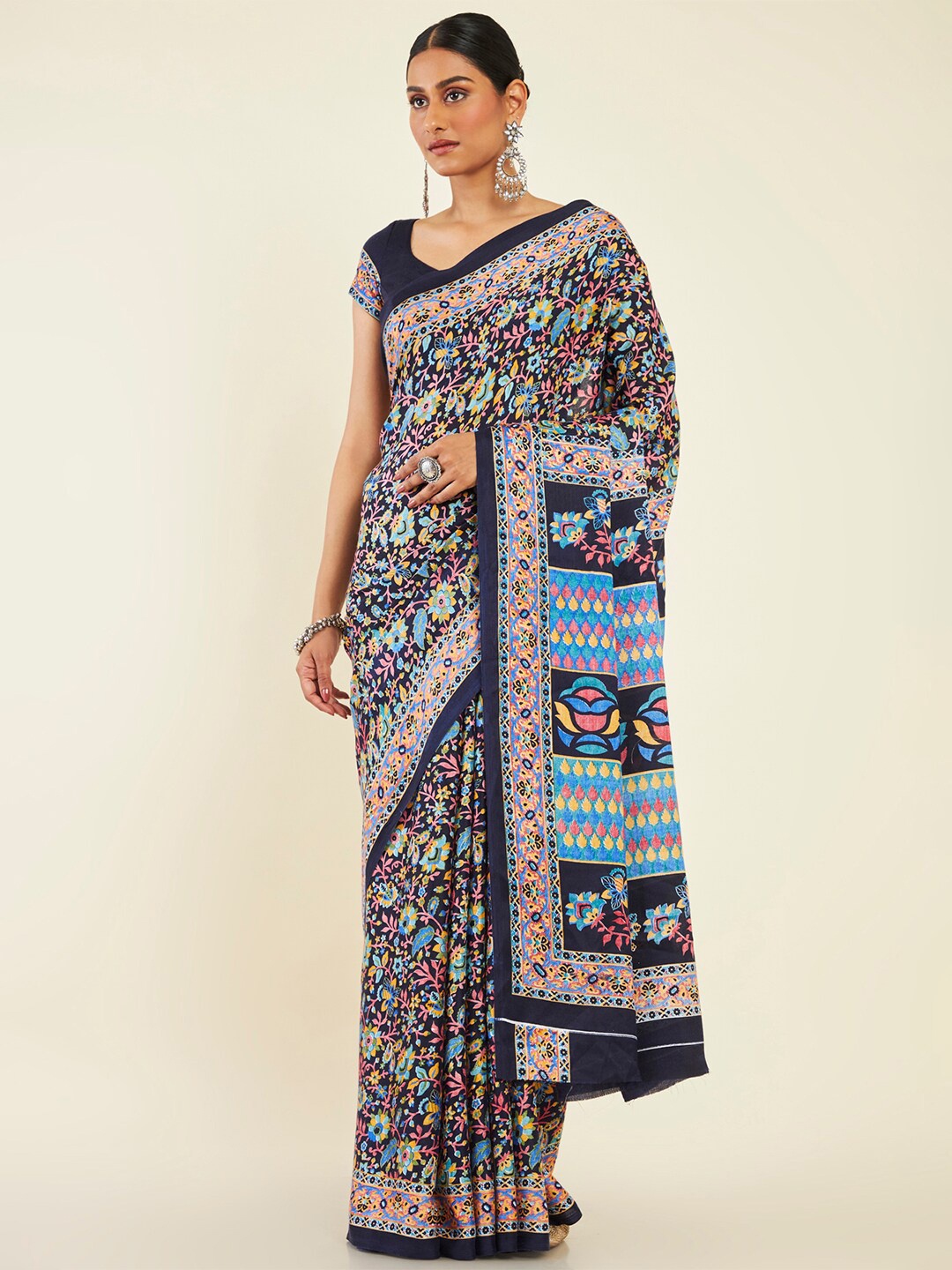 

Soch Floral Printed Pashmina Saree, Navy blue