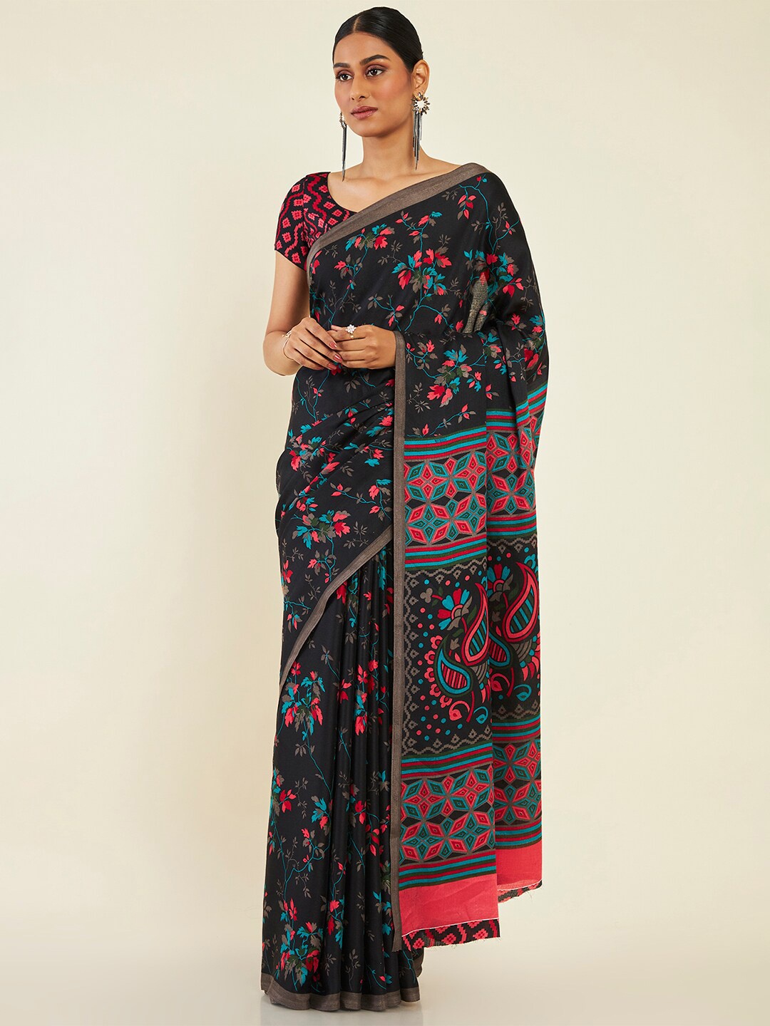 

Soch Black & Red Floral Zari Pashmina Saree