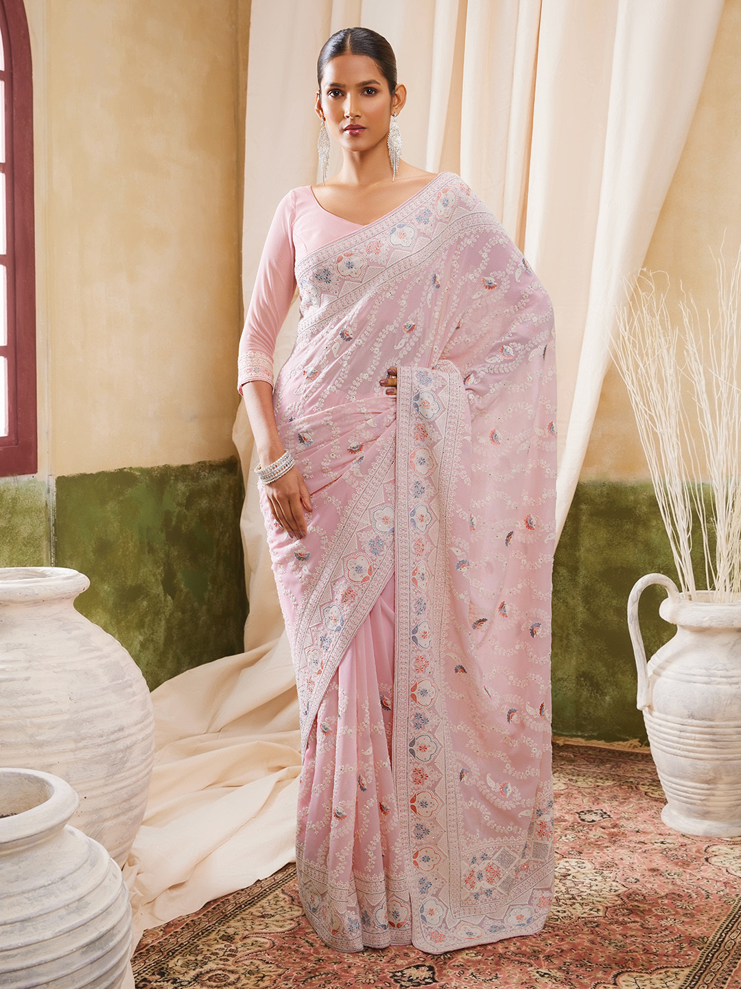 

Soch Pink & White Floral Embroidered Pure Georgette Saree