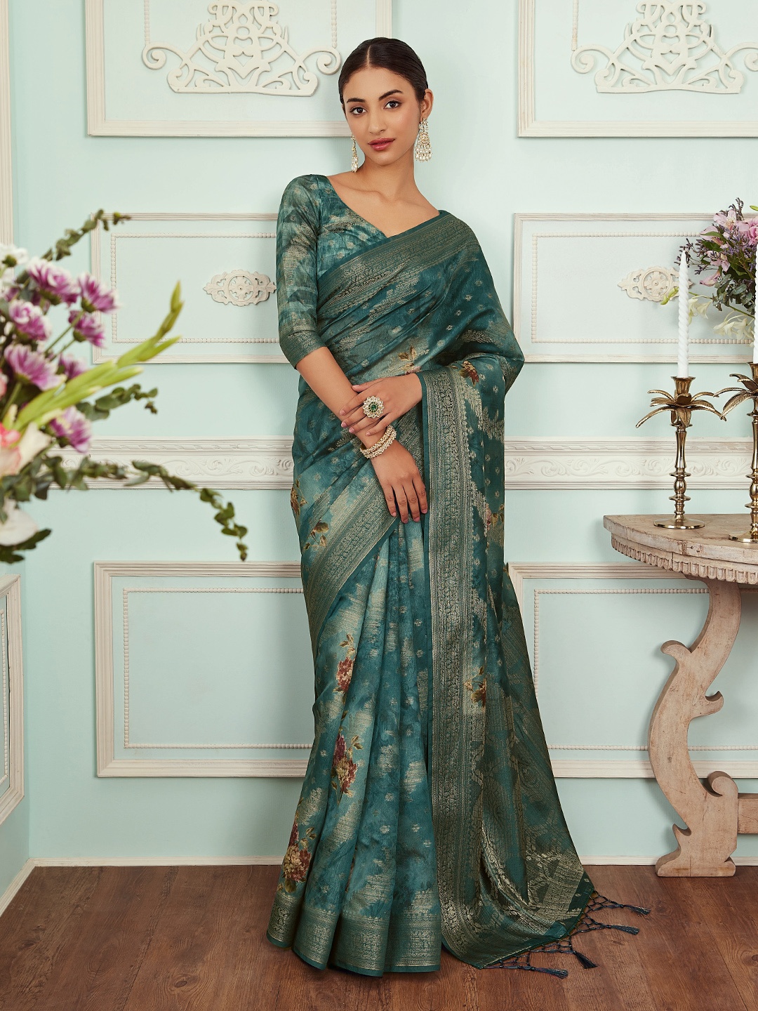 

Soch Floral Woven Design Zari Saree, Teal