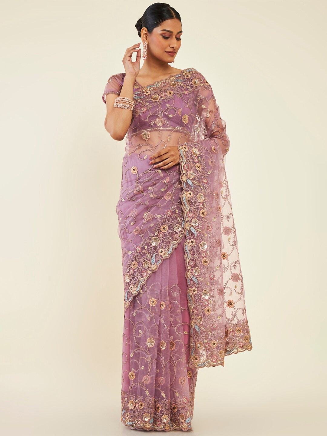 

Soch Floral Embroidered Net Saree, Purple