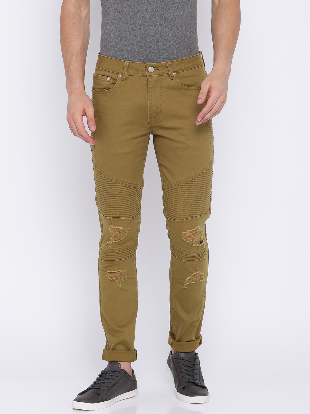 

FOREVER 21 Men Khaki Regular Fit Mid-Rise Low Distress Stretchable Jeans