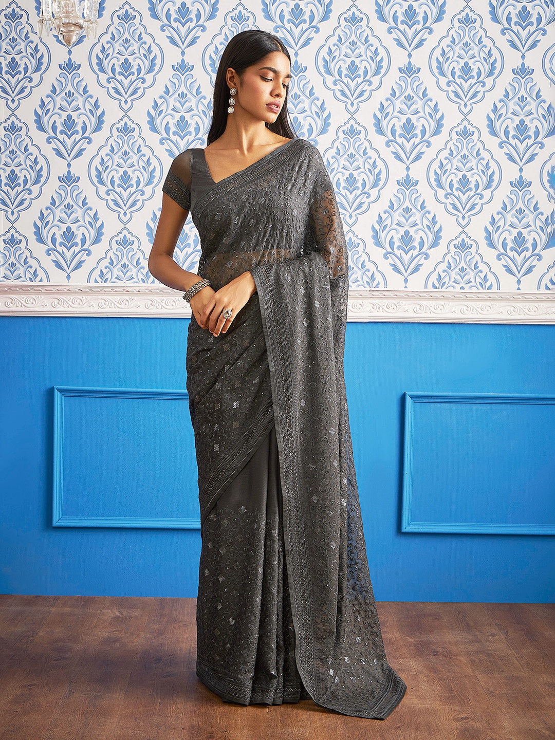 

Soch Grey & Silver-Toned Embellished Beads and Stones Pure Chiffon Saree