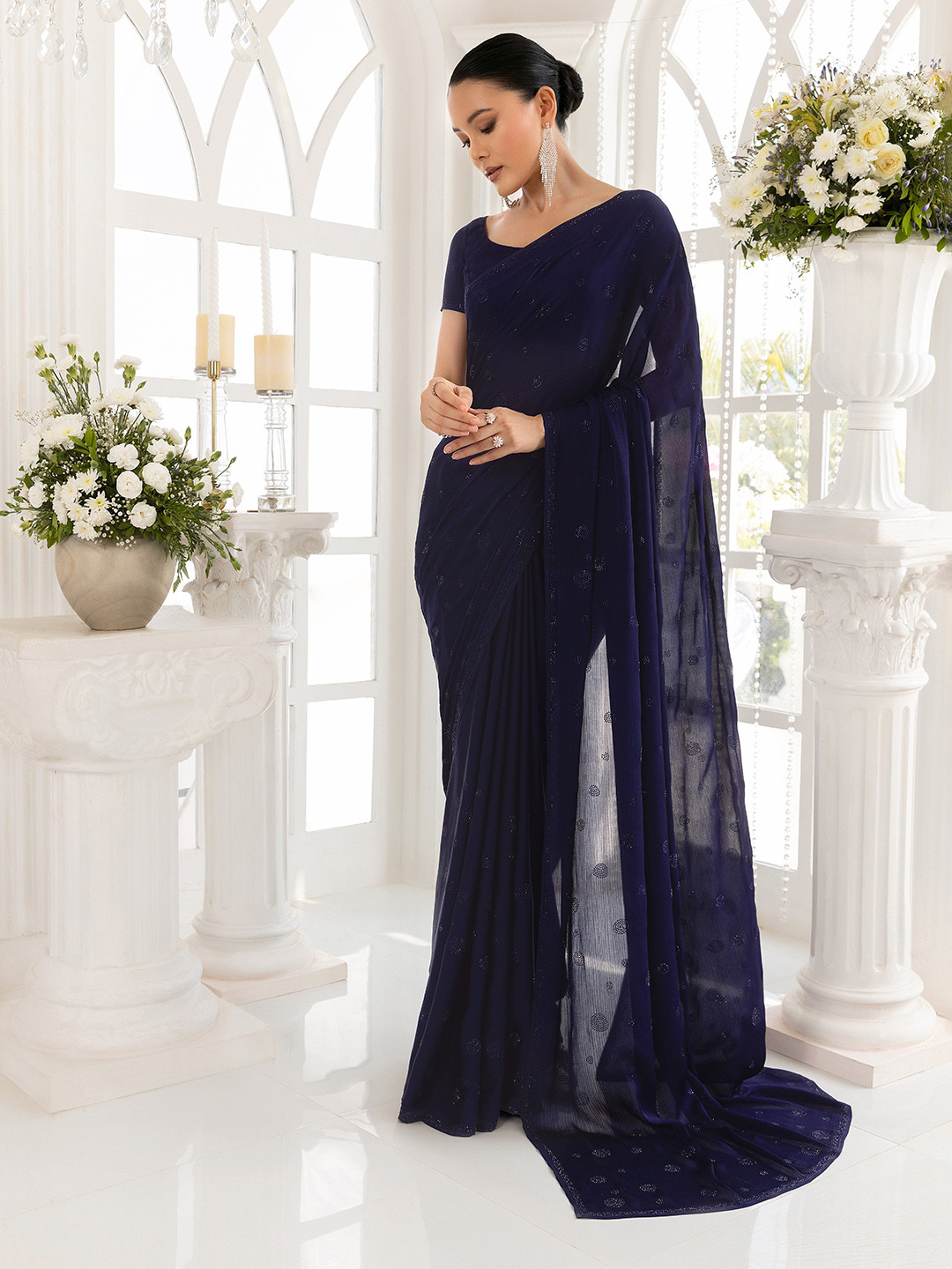 

Soch Beads & Stones Embellished Pure Chiffon Saree, Navy blue