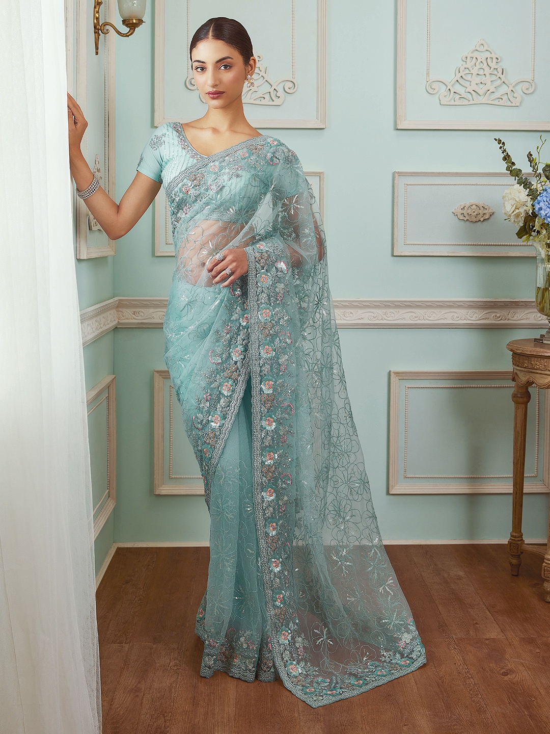 

Soch Blue & Silver-Toned Floral Sequinned Net Saree