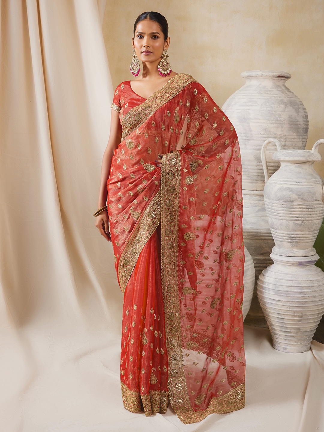 

Soch Paisley Embroidered Pure Chiffon Saree, Coral